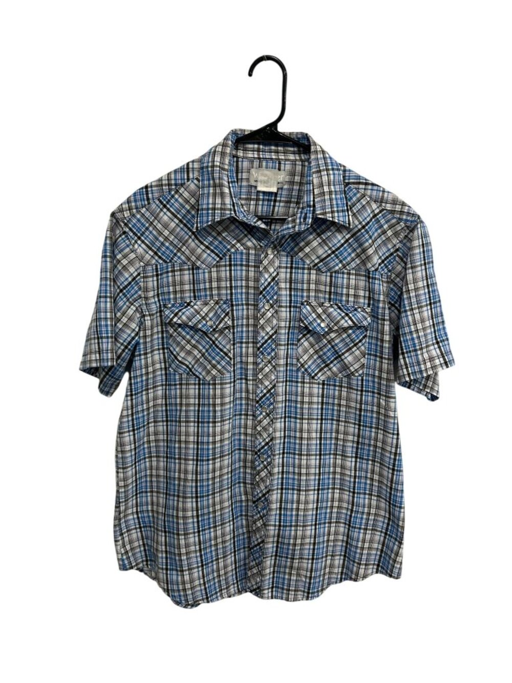 Wrangler Large Western Plaid Short Sleeve Snap Front Shirt Blue Retro Heritage